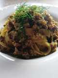 Tagliatelle with White Ragù, Mushrooms, Fennel Greens, and Saffron