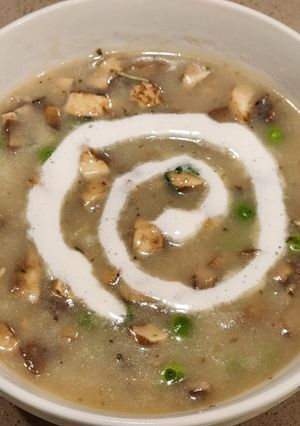 A picture of Mushroom and Peas Soup (with fresh cream, herbs).