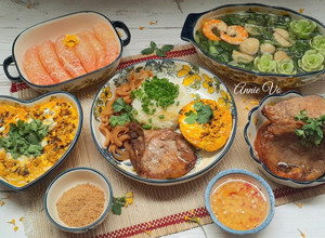 Hình của món Cơm tấm sườn bì chả và các món ăn kèm.