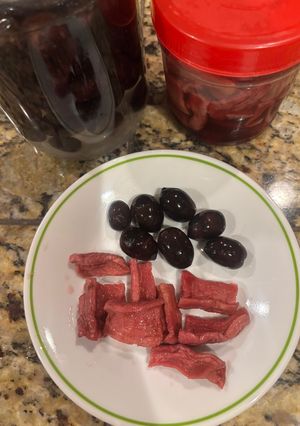 A picture of Salted Olives and Pickled Purple Daikon Radish.