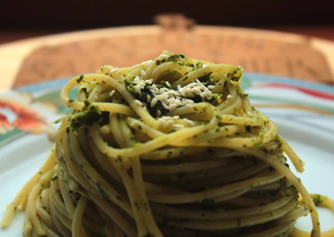 Spaghetti au pesto de Komatsuna (moutarde épinard)