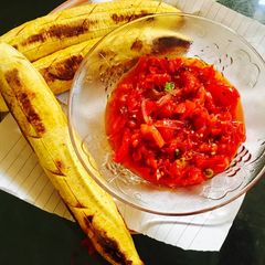 A picture of Oven Roasted Plantain and pepper Sauce.