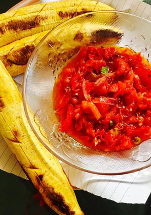 A picture of Oven Roasted Plantain and pepper Sauce.