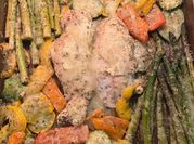 A picture of chicken breasts asparagus