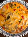 ต้มข่าไก่ใส่น้ำพริกเผา (Thai Spicy Chicken Coconut Milk Soup with Chili Paste or Tom Kha Gai)