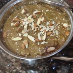 Almond milk, corn,Ragi halwa with jaggery A picture of Almond milk, corn,Ragi halwa with jaggery.