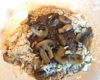 Unique Recipe Hamburger Steak with Sauted Mushrooms on Rice Delicious Perfect