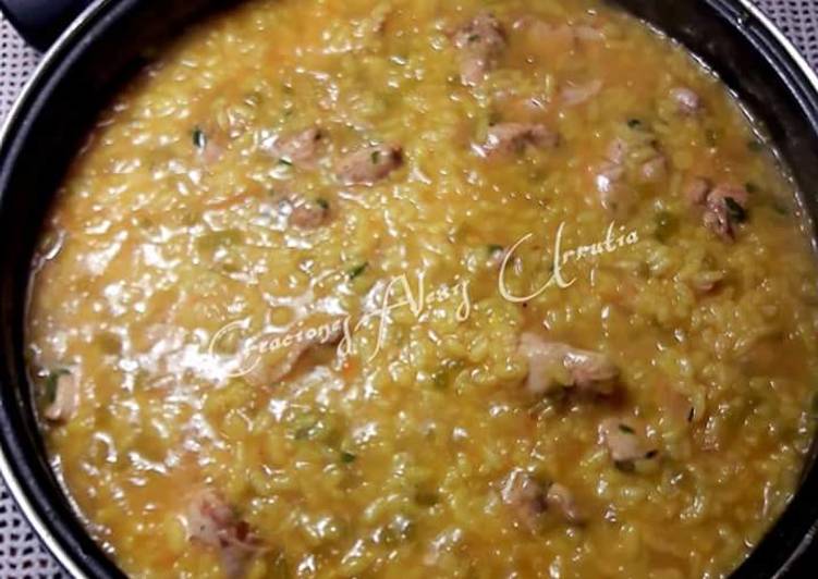 Arroz de cuchara con tacos de pechuga de pollo y ras el hanout