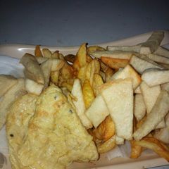 A picture of Chip,fried yam and egg.