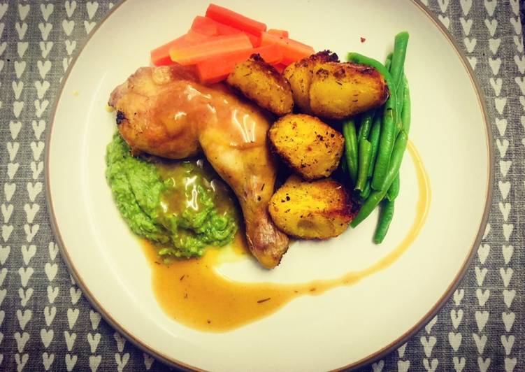 Simple Way to Make Speedy Roasted Chicken Leg with Pea Puree and Turmeric Potatoes