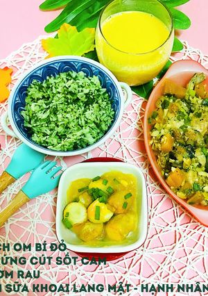 Hình của món Ếch om bí đỏTrứng cút sốt cam.