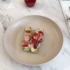 A picture of Cucumber hummus boat.