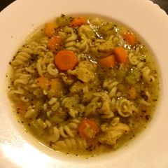 A picture of Chicken and vegetables soup.