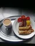 Orange pancakes, beef sausages, Arrowroots, sweetpotatoes, tea