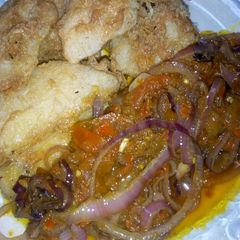 Fried yam with sauce A picture of Fried yam with sauce.