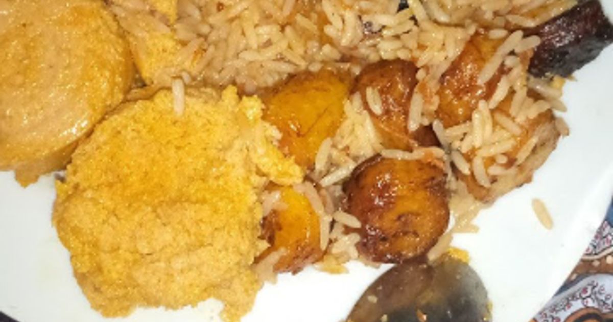 Jollof Rice With Moi Moi And Fried Plantain Recipe by Rukayya Kabir ...