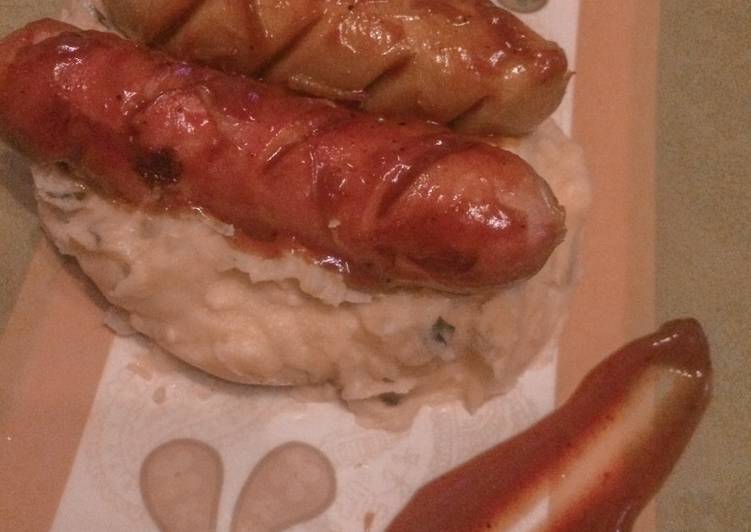 Combo sausage grill with mashed potatoes and bbq sauce