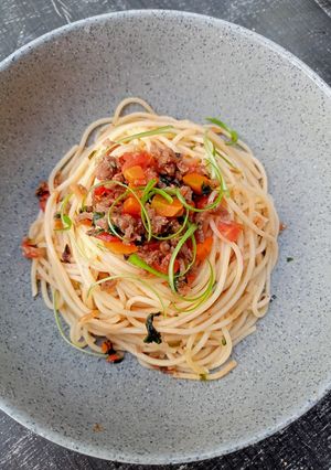 Foto resep Spaghetti aglio e olio slice beef