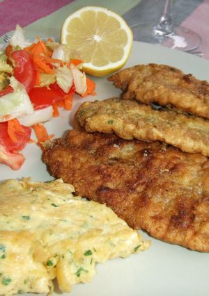 A picture of Battered Whiting, Fritters, and Salad (Gluten-Free).