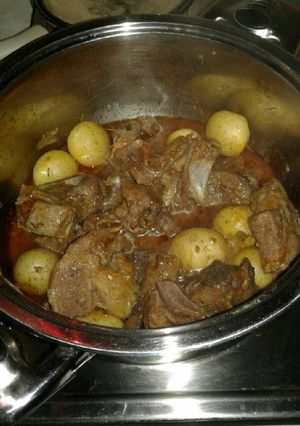 A picture of Beef stew a the baby potatoes.