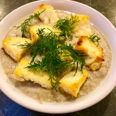 A picture of Creamy Mushroom Soup with Croutons.