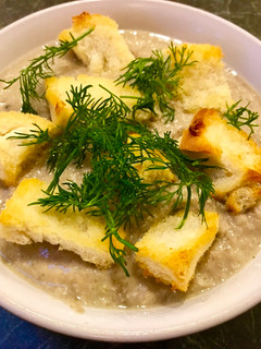 A picture of Creamy Mushroom Soup with Croutons.