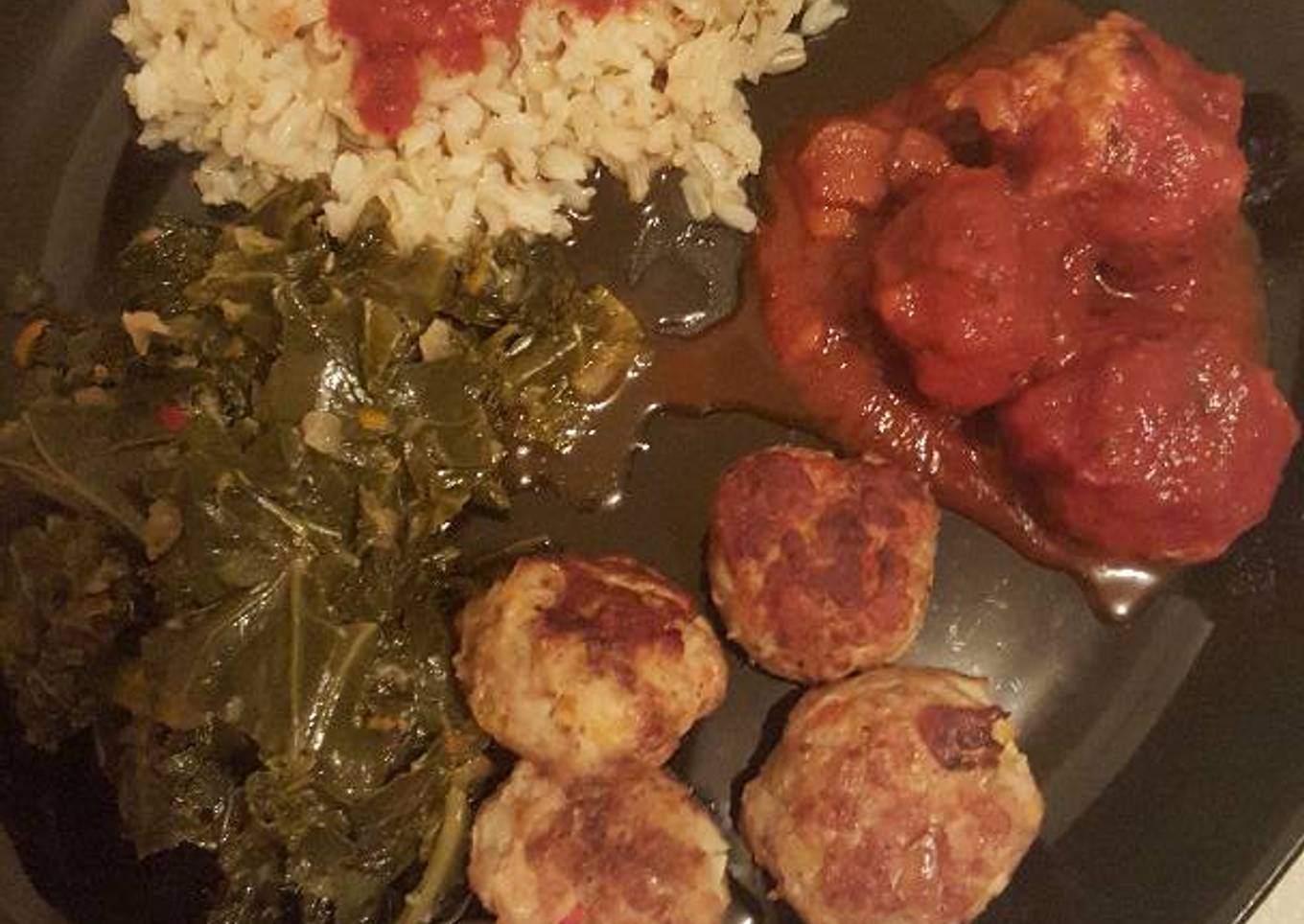 Cajun chicken meatballs with kale & collard green a brown rice