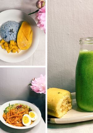Hình của món Giảm cân + eat clean: Smoothie + cơm xoài + mì đậu hũ.