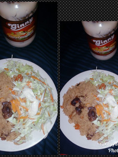 A picture of Jallof rice with salad.