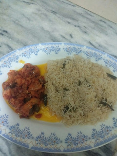 A picture of Fish Manchurian with Fried Rice.