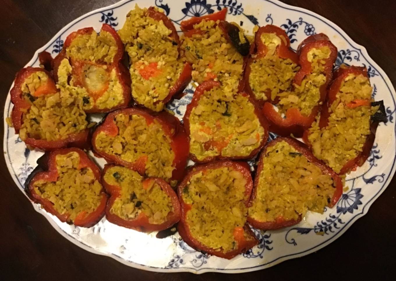 California Farm Stuffed Sweet Red Peppers with shrimp and fried rice