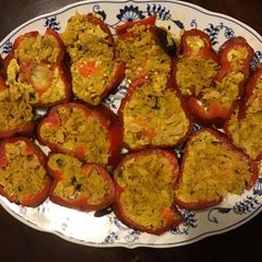 A picture of California Farm Stuffed Sweet Red Peppers with shrimp and fried rice.