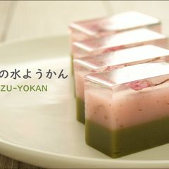 A picture of Cherry Blossoms and Matcha ''MIZU-YOKAN'' (White Bean Jelly).