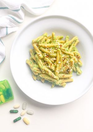 A picture of Chickpea Casarecce with Broccoli Cream and Chopped Almonds.