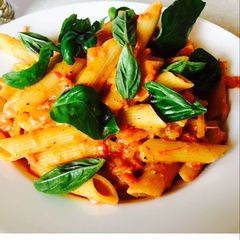 Basil cheesy red sauce pasta A picture of Basil cheesy red sauce pasta.