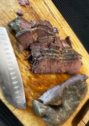 A picture of Worlds BEST HONEST Sous Vide Beef topside injected with bone Marrow.