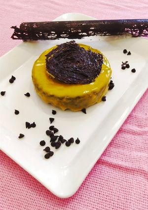 A picture of Cookie cake with mango glaze.