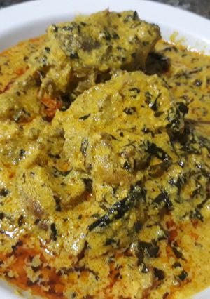 A picture of Egusi soup with bitter leaves.