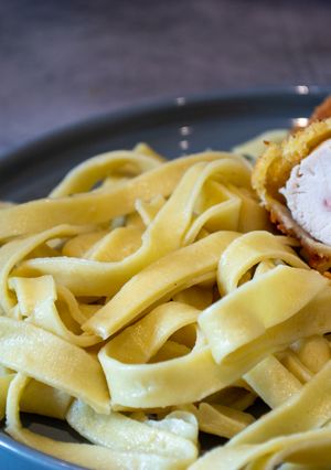 A picture of Cordon Bleu with Tomme de Savoie and Homemade Pasta.