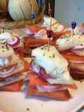 Mille feuilles pastèque /melon jaune au jambon cru et brousse corse