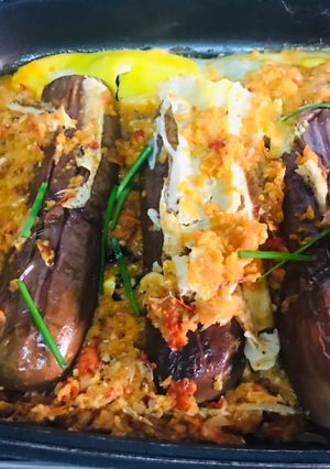 Gambar Terung bakar Bersambal bersama Telur Separuh Masak