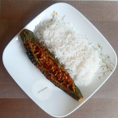 A picture of Mutton Keema stuffed Karela (Bharwa Karela).