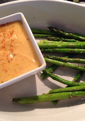 A picture of Roasted Asparagus with Smoky Rarebit Dip.