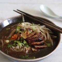 A picture of Keaw Teaw Ped Yang - Five Spiced Roasted Duck noodles.
