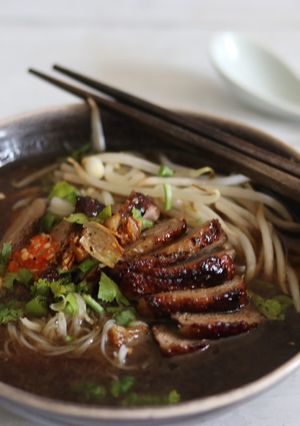 A picture of Keaw Teaw Ped Yang - Five Spiced Roasted Duck noodles.