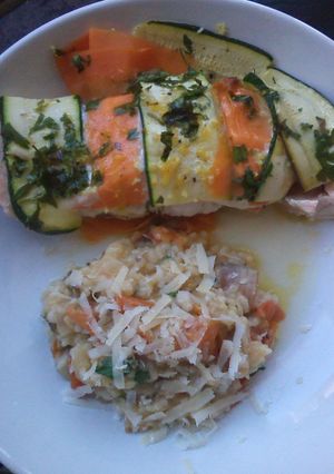 A picture of Salmon bake & Roasted tomatoes risotto.