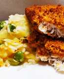 Filetes de pescada em cama de broa, com arroz de legumes