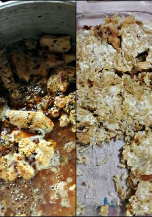 Una foto de Pechuga de pollo al vino blanco y Curry gratinado con arroz