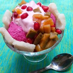 A picture of Patbingsu with frozen beetroot yogurt.