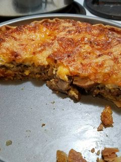A picture of Sausage and mushroom quiche.